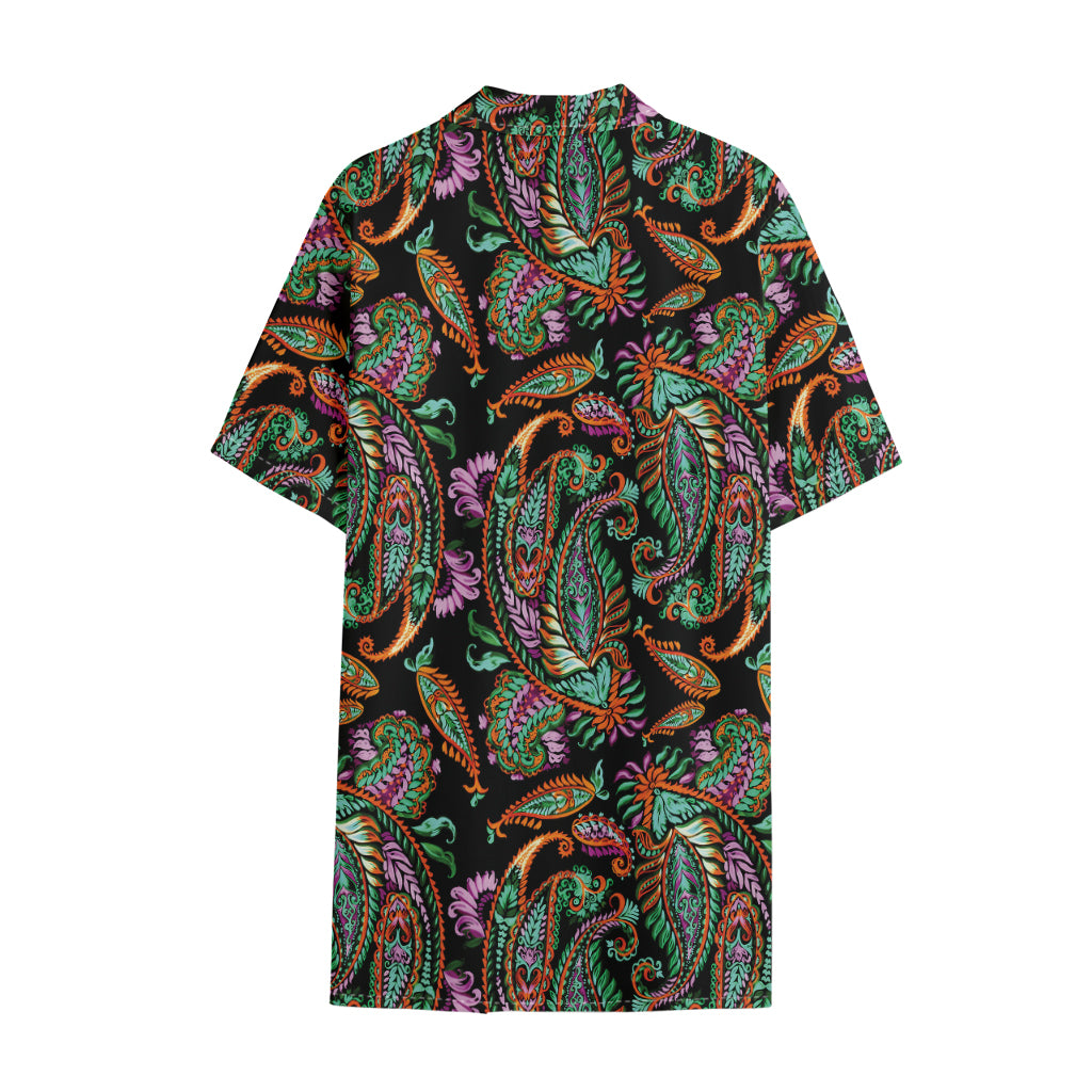 Green Orange And Pink Paisley Print Cotton Hawaiian Shirt