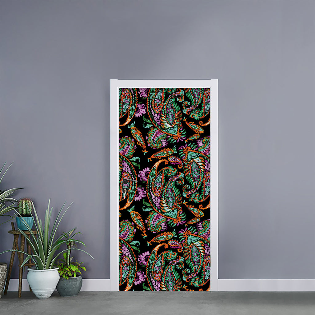 Green Orange And Pink Paisley Print Door Sticker