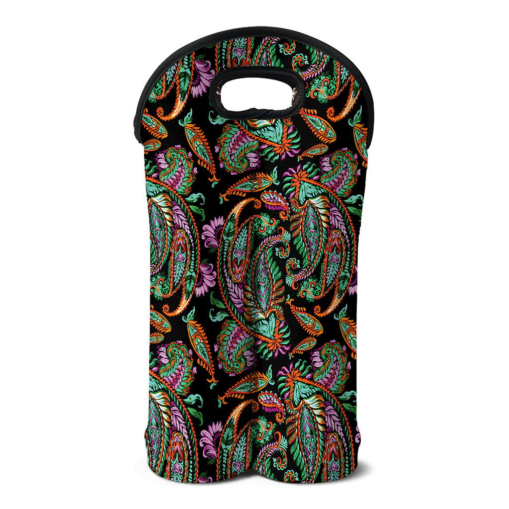 Green Orange And Pink Paisley Print Double Neoprene Wine Tote