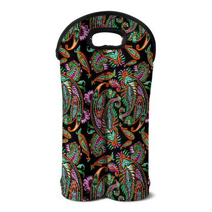 Green Orange And Pink Paisley Print Double Neoprene Wine Tote