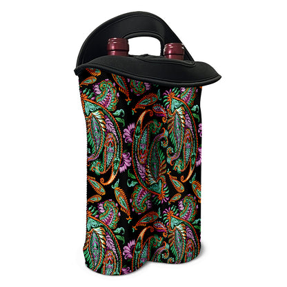 Green Orange And Pink Paisley Print Double Neoprene Wine Tote
