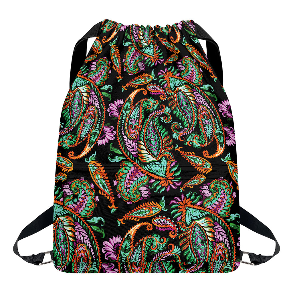 Green Orange And Pink Paisley Print Drawstring Backpack