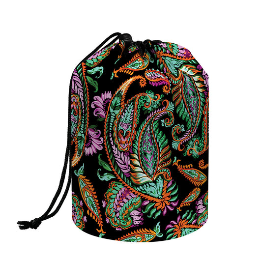 Green Orange And Pink Paisley Print Drawstring Makeup Bag