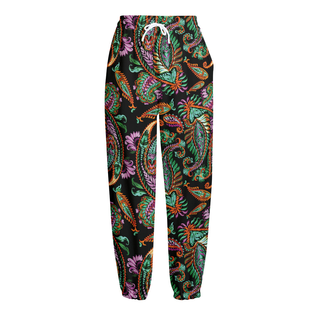 Green Orange And Pink Paisley Print Fleece Lined Knit Pants
