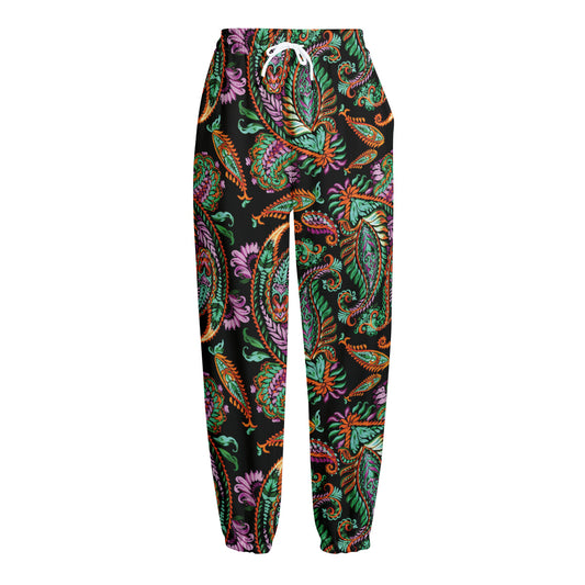 Green Orange And Pink Paisley Print Fleece Lined Knit Pants