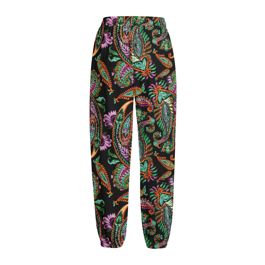 Green Orange And Pink Paisley Print Fleece Lined Knit Pants