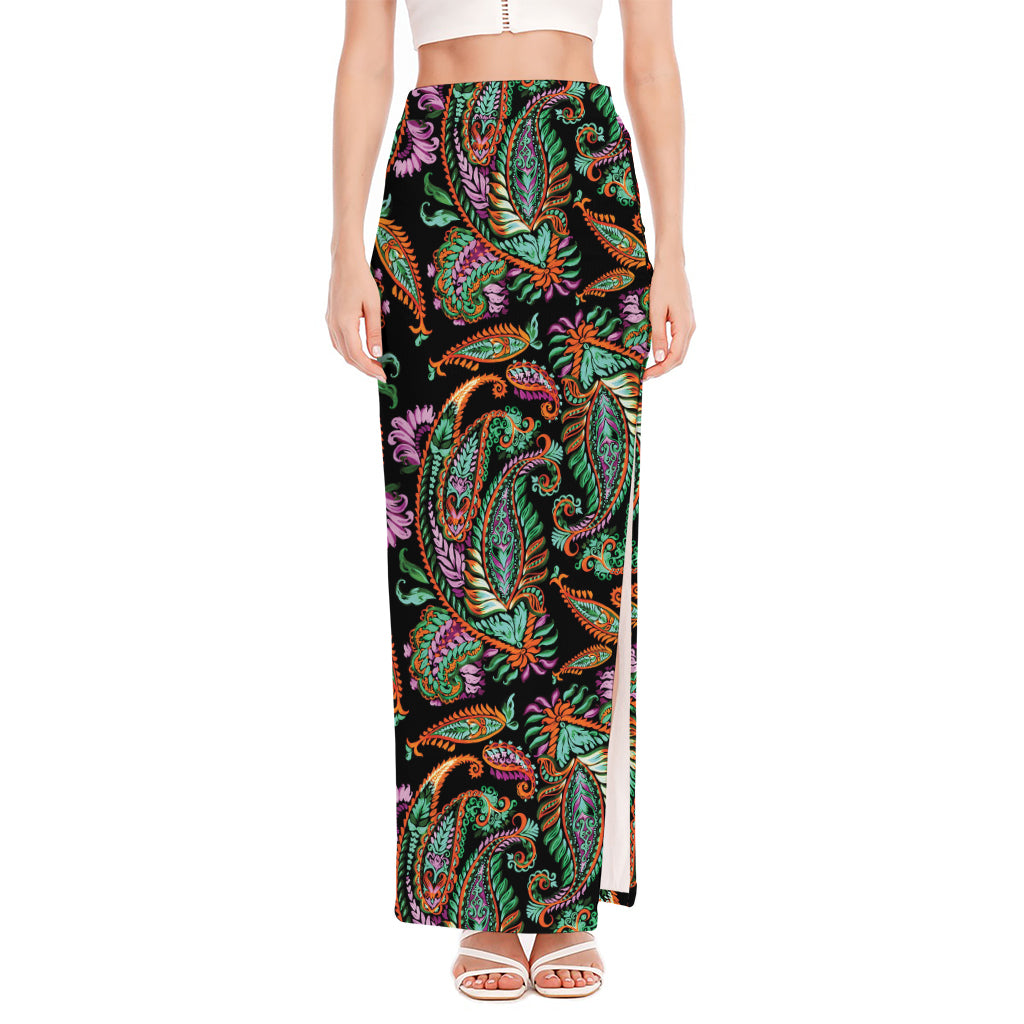 Green Orange And Pink Paisley Print High Slit Maxi Skirt