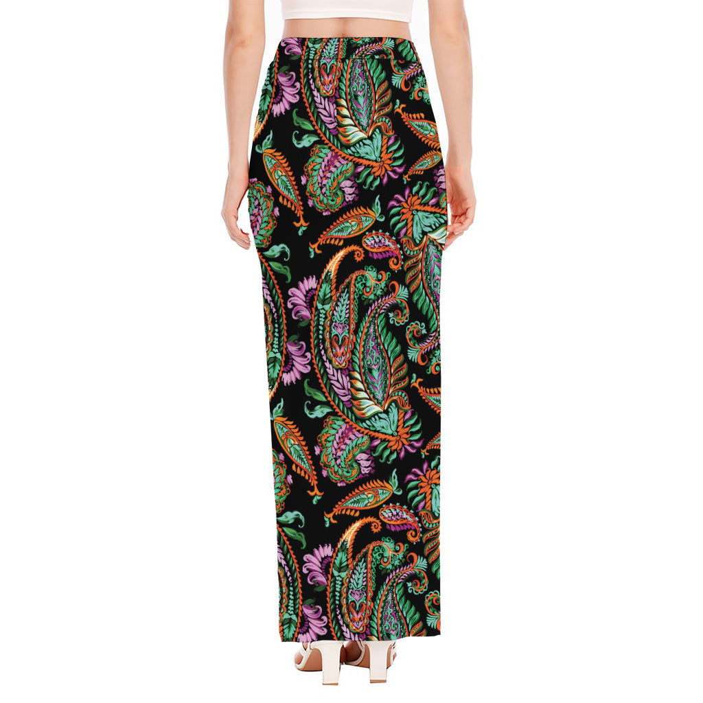 Green Orange And Pink Paisley Print High Slit Maxi Skirt