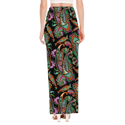 Green Orange And Pink Paisley Print High Slit Maxi Skirt