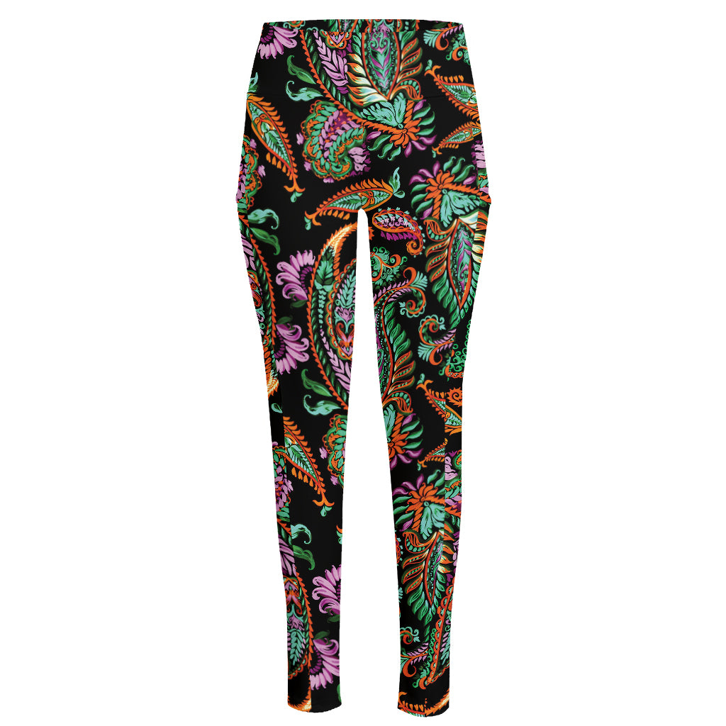 Green Orange And Pink Paisley Print High-Waisted Pocket Leggings