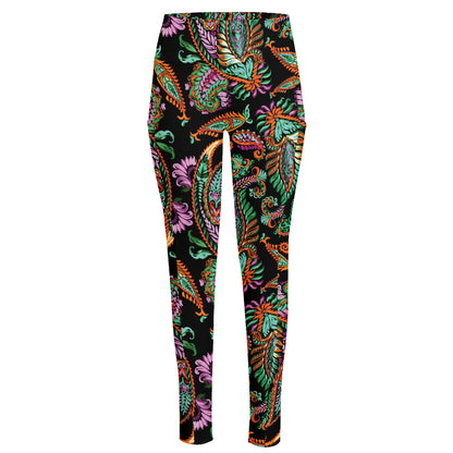 Green Orange And Pink Paisley Print High-Waisted Pocket Leggings