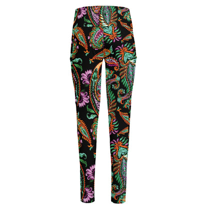 Green Orange And Pink Paisley Print High-Waisted Pocket Leggings