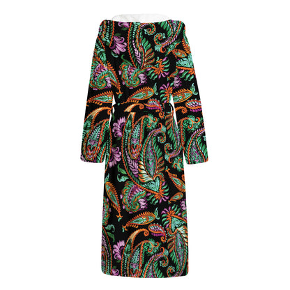 Green Orange And Pink Paisley Print Hooded Bathrobe