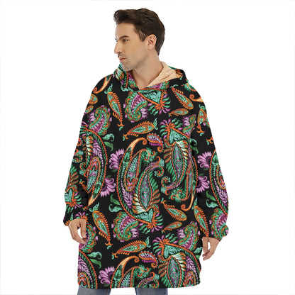 Green Orange And Pink Paisley Print Hoodie Blanket