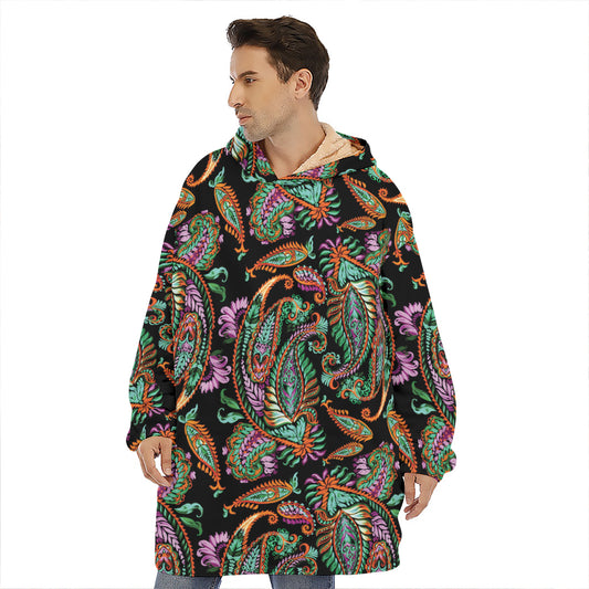 Green Orange And Pink Paisley Print Hoodie Blanket