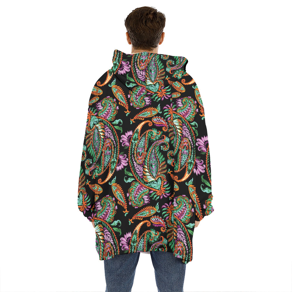 Green Orange And Pink Paisley Print Hoodie Blanket