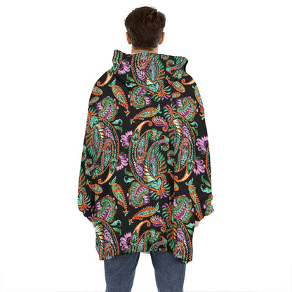 Green Orange And Pink Paisley Print Hoodie Blanket