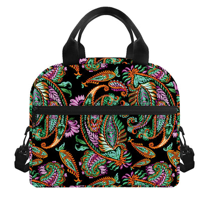 Green Orange And Pink Paisley Print Insulated Lunch Bag