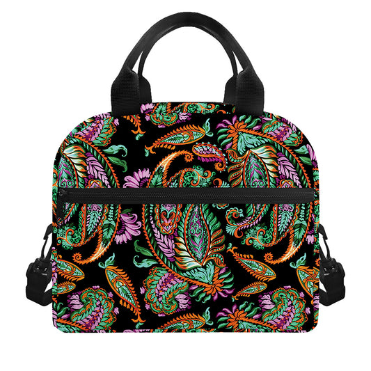Green Orange And Pink Paisley Print Insulated Lunch Bag