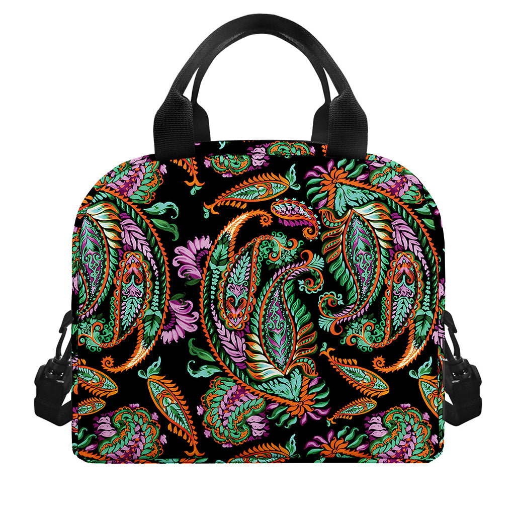 Green Orange And Pink Paisley Print Insulated Lunch Bag