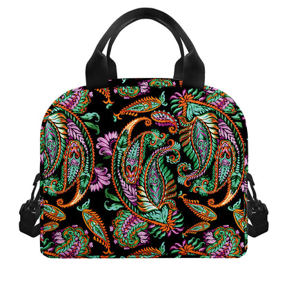 Green Orange And Pink Paisley Print Insulated Lunch Bag