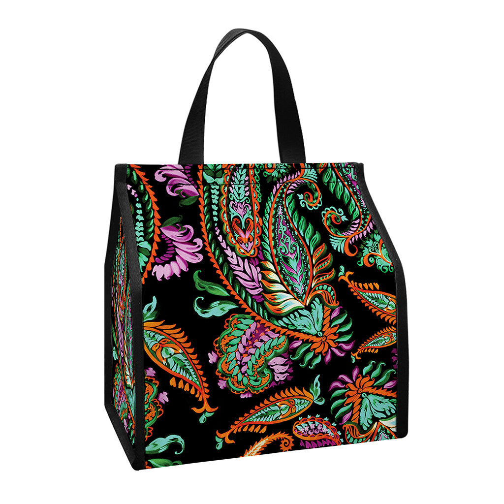 Green Orange And Pink Paisley Print Insulated Lunch Tote