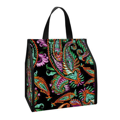 Green Orange And Pink Paisley Print Insulated Lunch Tote