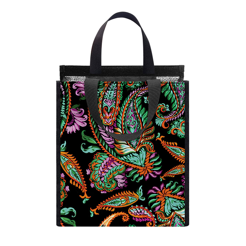 Green Orange And Pink Paisley Print Insulated Lunch Tote
