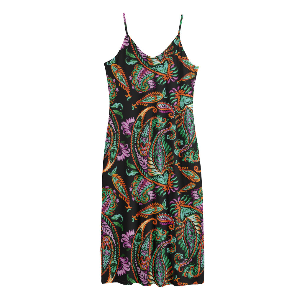 Green Orange And Pink Paisley Print Jersey Midi Cami Dress