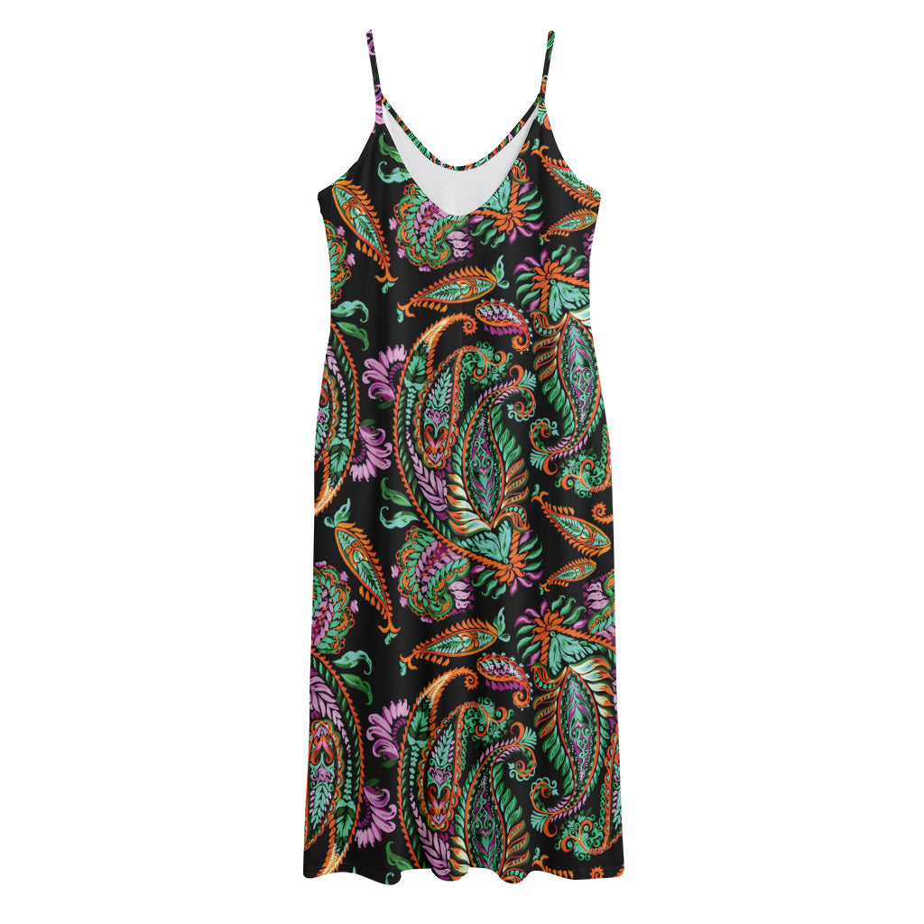 Green Orange And Pink Paisley Print Jersey Midi Cami Dress