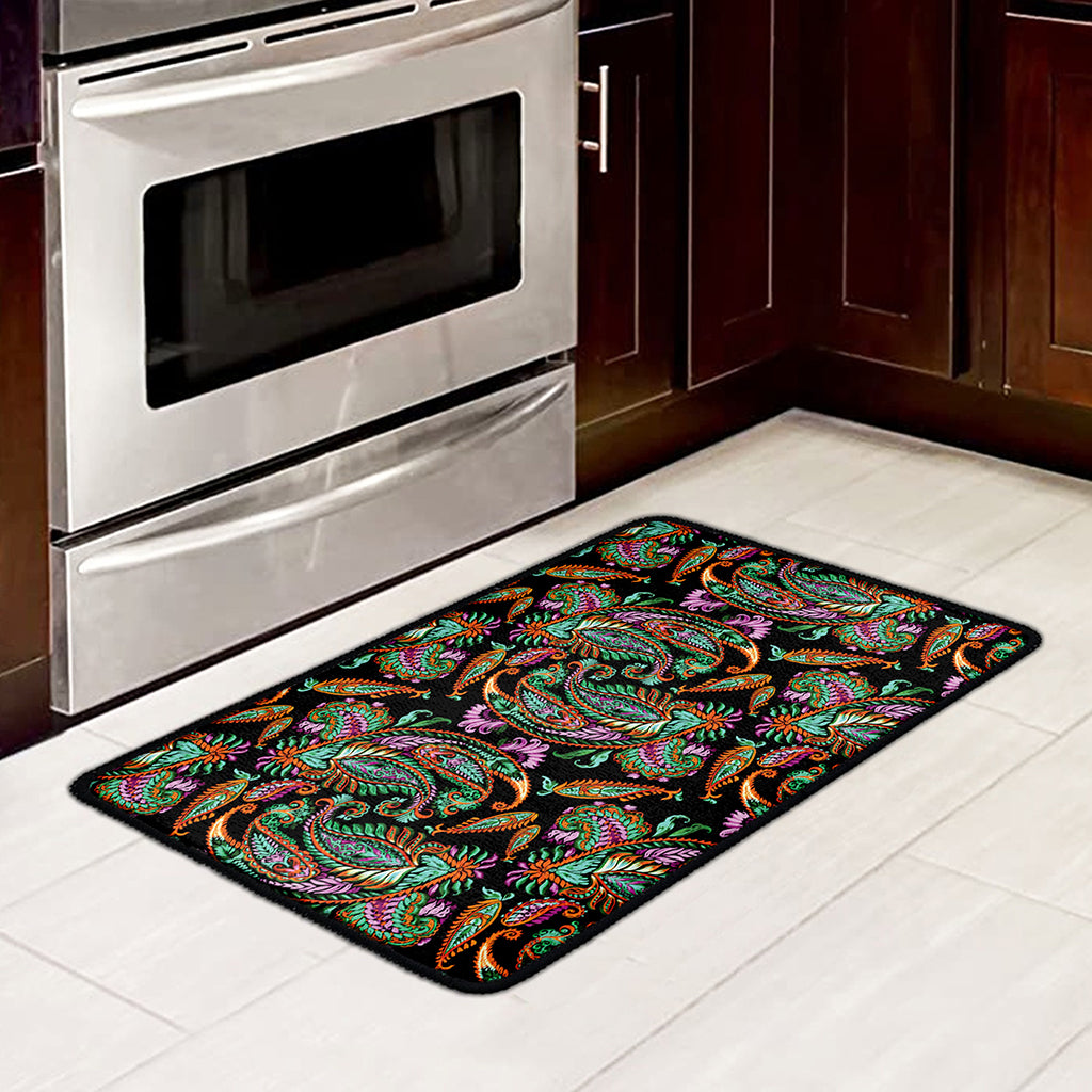 Green Orange And Pink Paisley Print Kitchen Mat