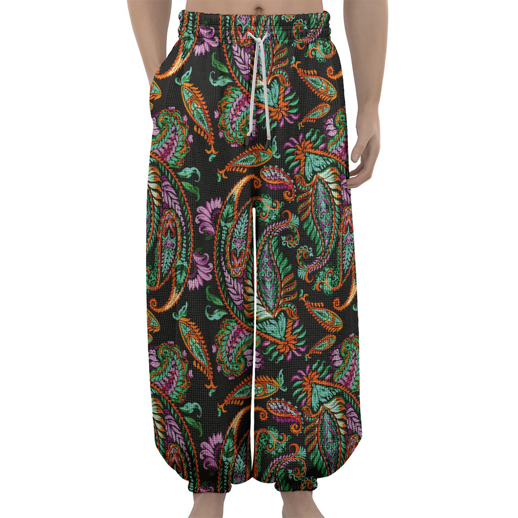 Green Orange And Pink Paisley Print Lantern Pants