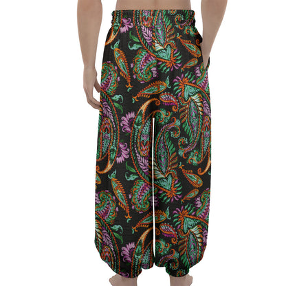 Green Orange And Pink Paisley Print Lantern Pants