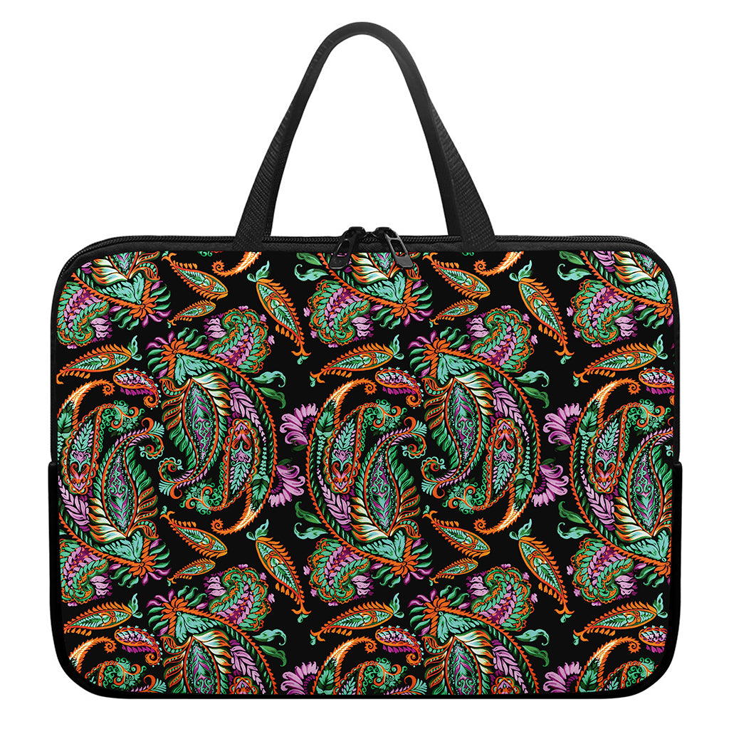Green Orange And Pink Paisley Print Laptop Sleeve With Handle