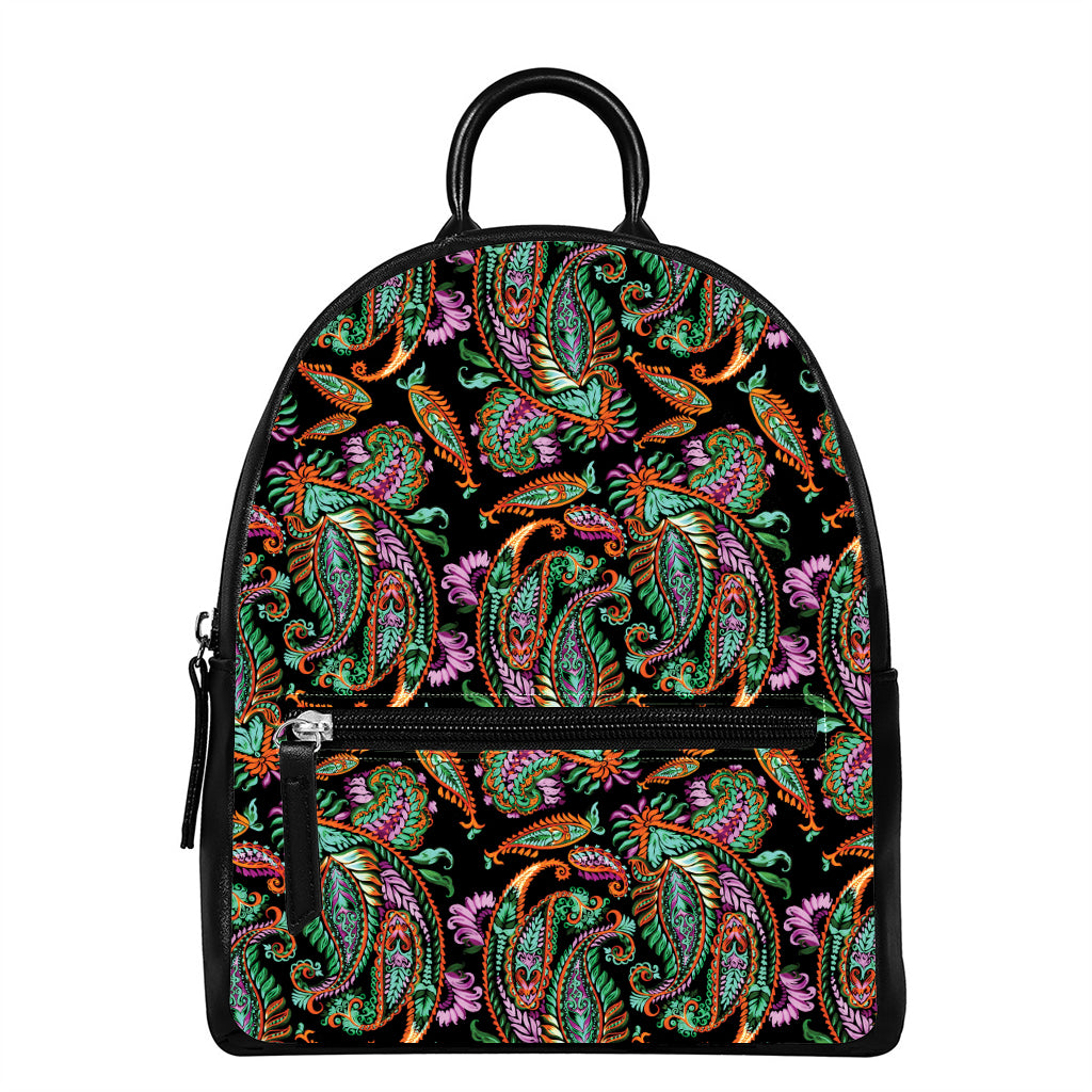 Green Orange And Pink Paisley Print Leather Backpack