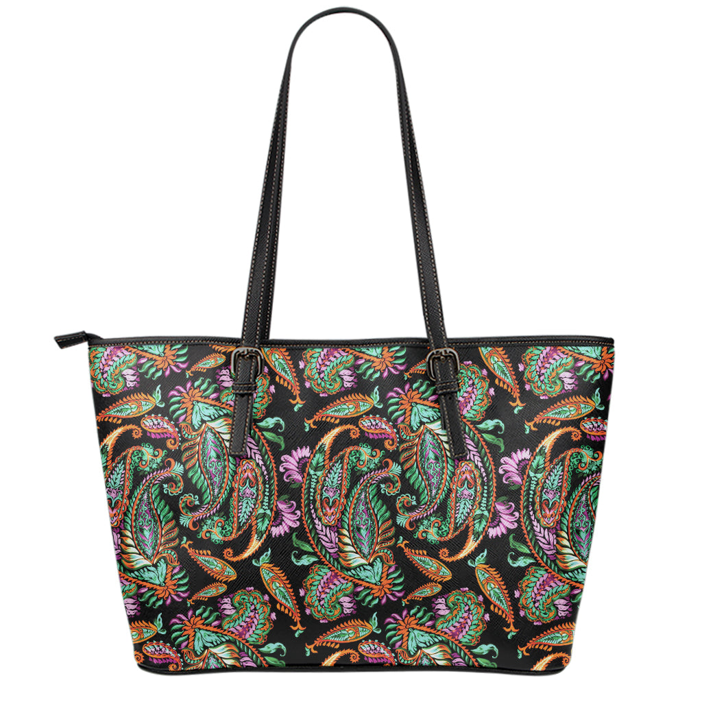 Green Orange And Pink Paisley Print Leather Tote Bag