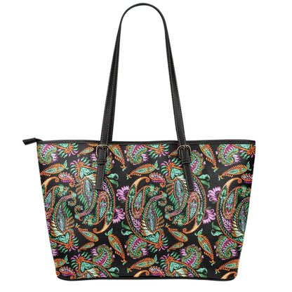Green Orange And Pink Paisley Print Leather Tote Bag