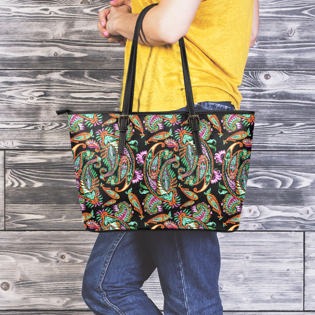 Green Orange And Pink Paisley Print Leather Tote Bag