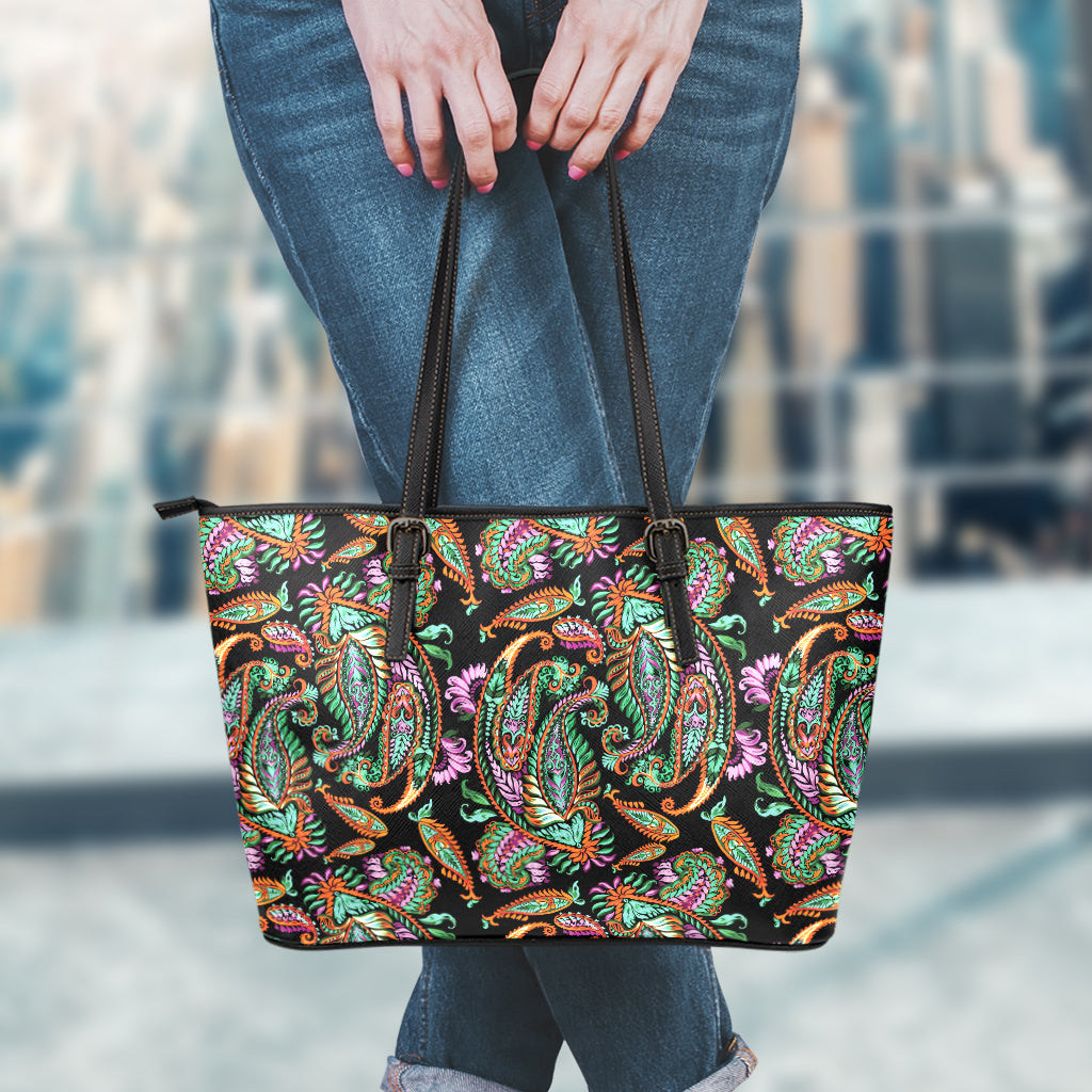 Green Orange And Pink Paisley Print Leather Tote Bag