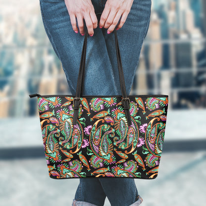 Green Orange And Pink Paisley Print Leather Tote Bag