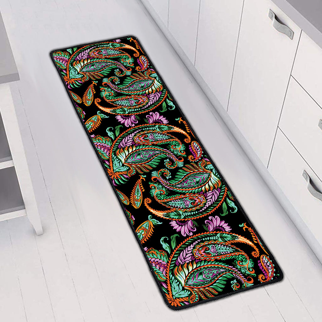 Green Orange And Pink Paisley Print Long Kitchen Mat