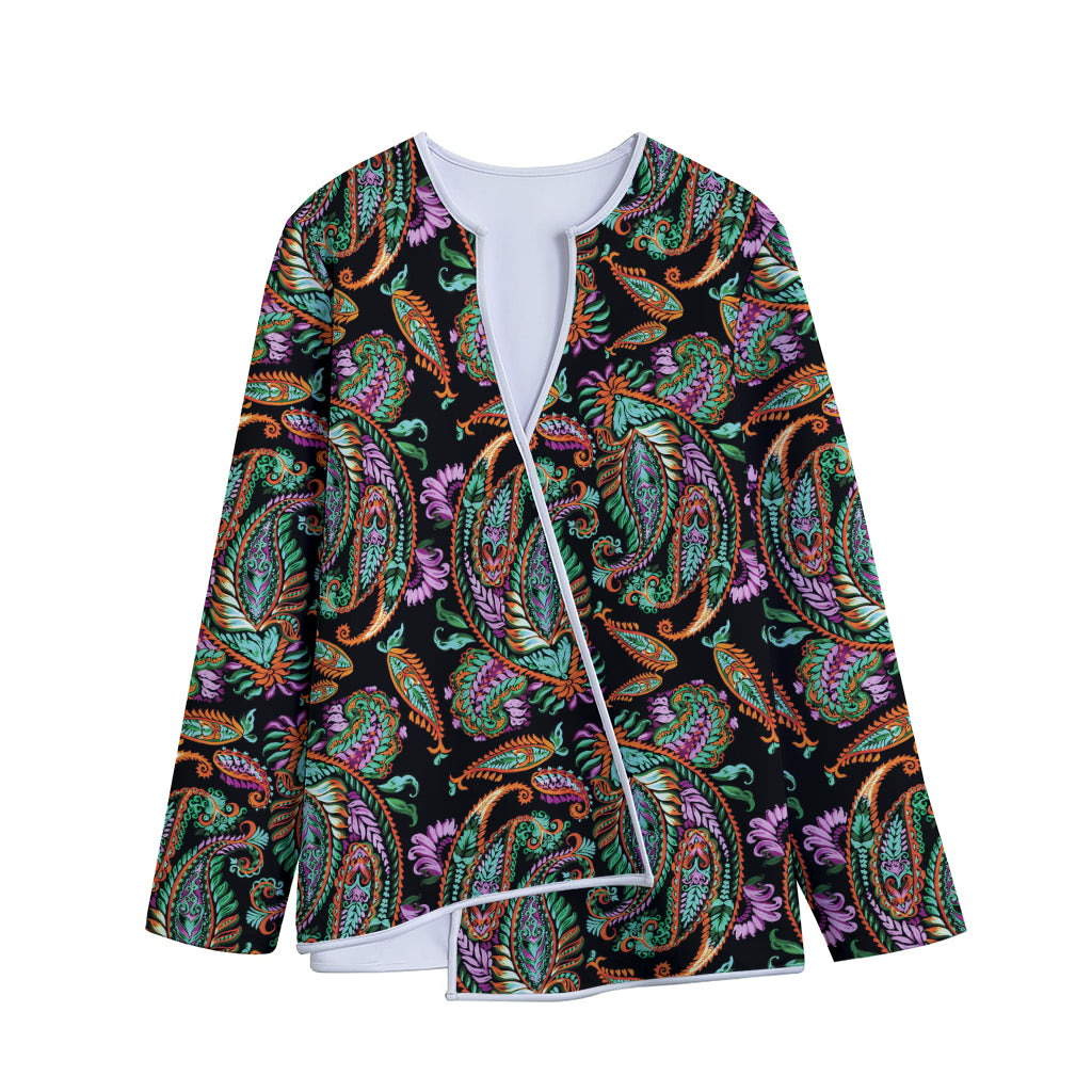 Green Orange And Pink Paisley Print Long Sleeve Short Coat