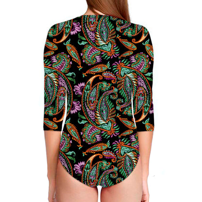 Green Orange And Pink Paisley Print Long Sleeve Swimsuit