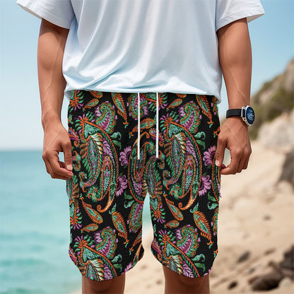 Green Orange And Pink Paisley Print Men's Cargo Shorts