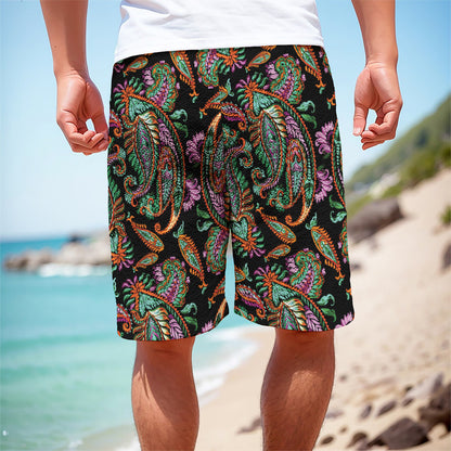 Green Orange And Pink Paisley Print Men's Cargo Shorts