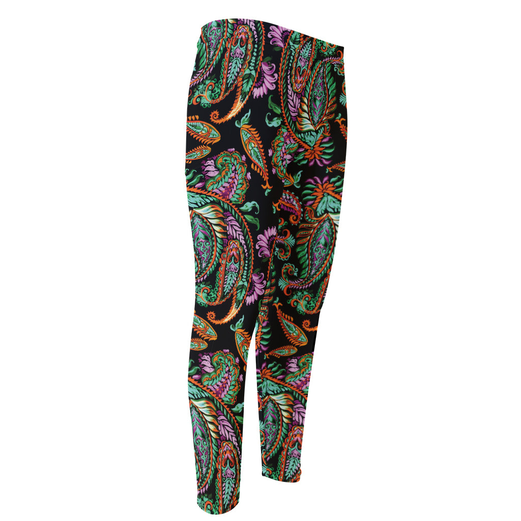 Green Orange And Pink Paisley Print Men's Compression Pants