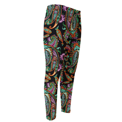 Green Orange And Pink Paisley Print Men's Compression Pants