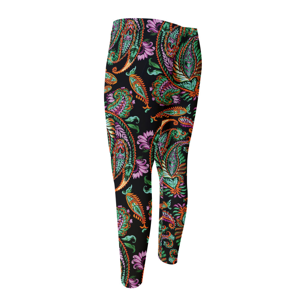 Green Orange And Pink Paisley Print Men's Compression Pants