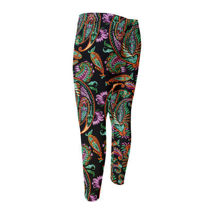 Green Orange And Pink Paisley Print Men's Compression Pants