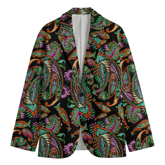 Green Orange And Pink Paisley Print Men's Cotton Blazer